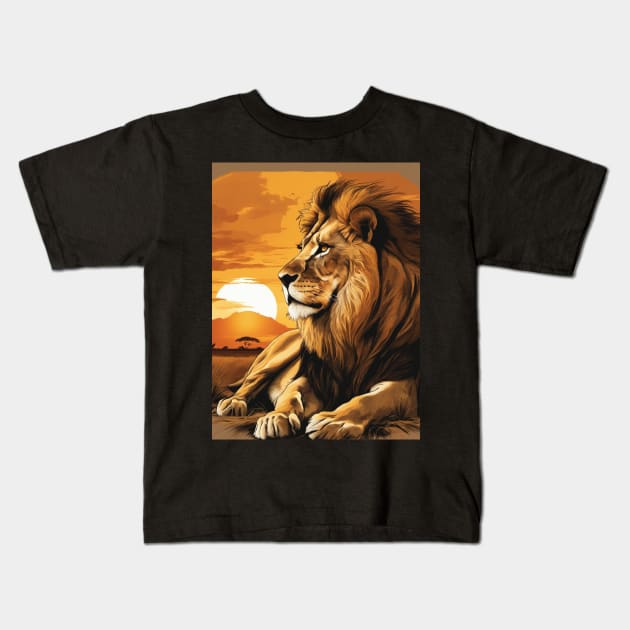 African Lion on the Savannah, Sunny, Water Color Painting Kids T-Shirt by BirdsnStuff